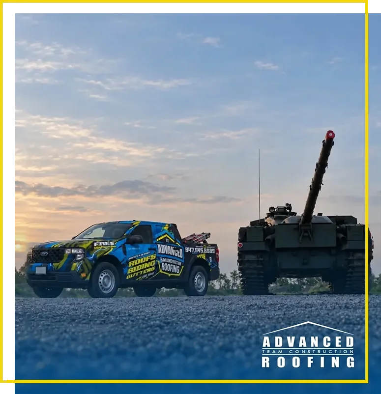 Advanced Roofing truck next to military tank