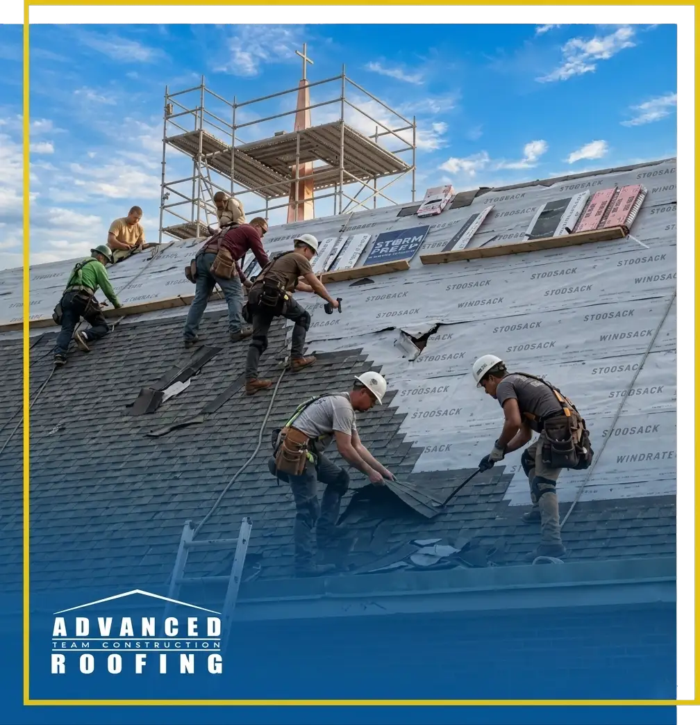 Roofing worker repairing storm damage